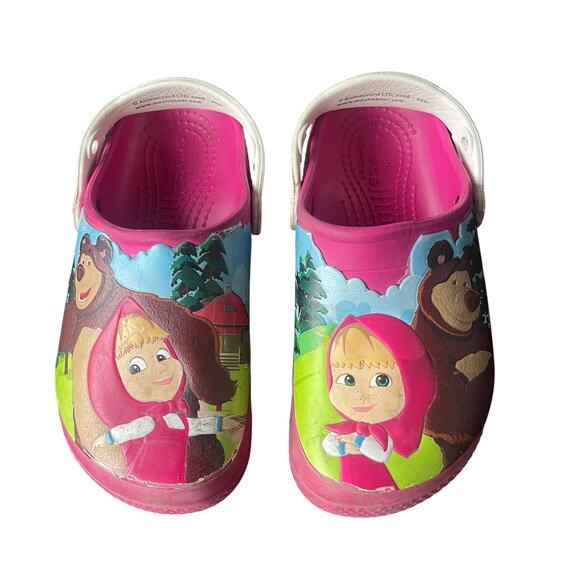 Crocs Shoes Youth Size 1 J1 Pink White Masha and the Bear Clogs Slip On Comfort - Picture 1 of 8